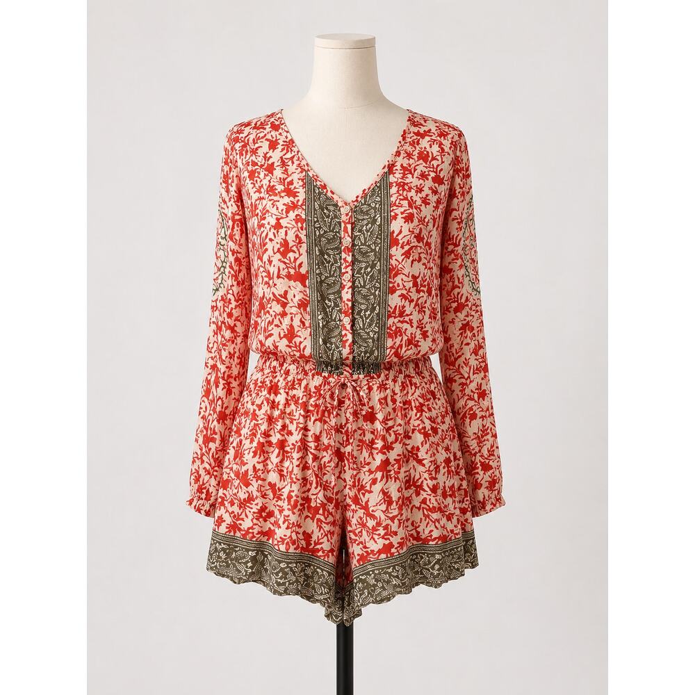 Free People Red & Cream Long-Sleeve Floral Romper M - Picture 9 of 9